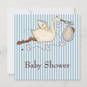 Blue Stripe Stork Baby Boy Shower Invitation