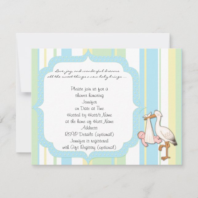 Blue Stripe Stork Baby Shower Invitation (Front)