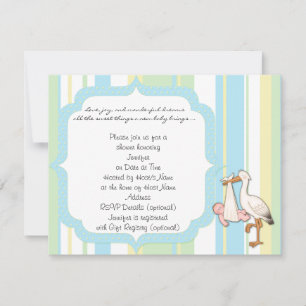 Blue Stripe Stork Baby Shower Invitation