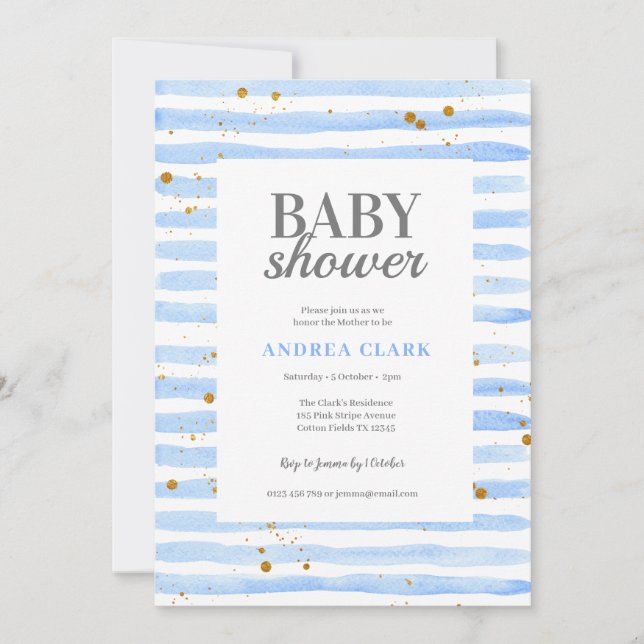 Blue Stripe Watercolor Baby Shower Invitation (Front)