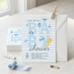 Blue Stripe Watercolor Teddy Bear Boy Baby Shower Invitation