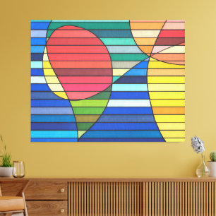 Blue Striped Abstract with Red and Yellow Shapes Canvas Print