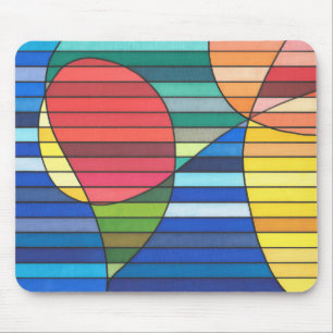 Blue Striped Abstract with Red and Yellow Shapes Mouse Mat
