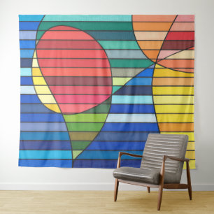 Blue Striped Abstract with Red and Yellow Shapes Tapestry