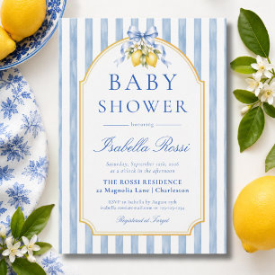 Blue Striped Amalfi Coast Lemon Baby Shower Invitation