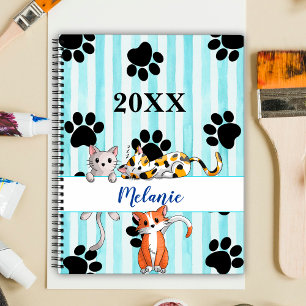 Blue striped background kittens & paws customised planner