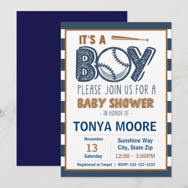 Blue Striped Baseball Baby shower Invitation (Front/Back)