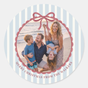 Blue Striped Bow Christmas Photo Classic Round Sticker