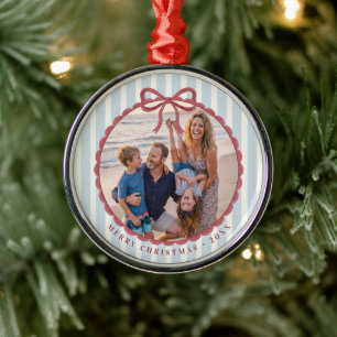 Blue Striped Bow Christmas Photo Metal Tree Decoration