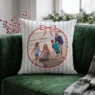 Blue Striped Bow Family Photo Cushion