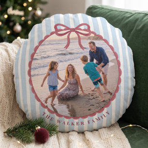 Blue Striped Bow Family Photo Round Cushion