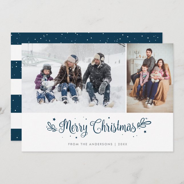 Blue Striped Calligraphy Christmas Photo Cards (Front/Back)