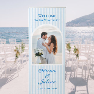 Blue Striped Coastal Chic Wedding Welcome Photo Retractable Banner