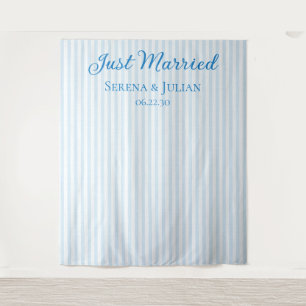 Blue Striped Coastal Just Married Wedding Backdrop Tapestry