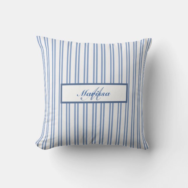 Blue Striped Country Farmhouse Ticking Cushion (Front)