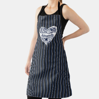 Blue Striped Custom Apron, Heart, Cook Bake BBQ Apron
