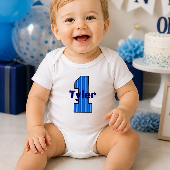Blue Striped First Birthday Boy  Baby Bodysuit (Blue Striped First Birthday Boy Baby Bodysuit)