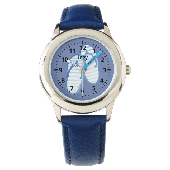 Blue Striped Flip Flops on Blue Personalised Watch (Front)