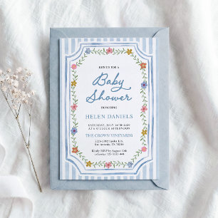 Blue Striped Floral Baby Shower Invitation