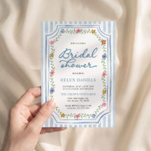 Blue Striped Floral Bridal Shower Invitation
