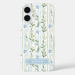 Blue Striped Floral Personalised iPhone 16 Case