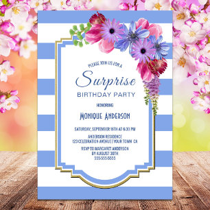 Blue Striped Floral Surprise Birthday Party Invitation