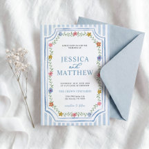 Blue Striped Floral Wedding Invitation