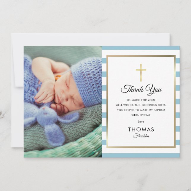 Blue Striped Gold Cross Baptism Christening Photo Thank You Card (Front)