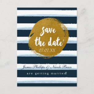 Blue Striped & Gold Foil Save The Date Postcard