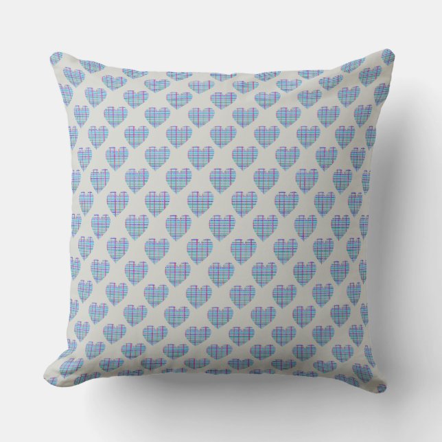 Blue striped hearts on pebble grey cushion (Front)