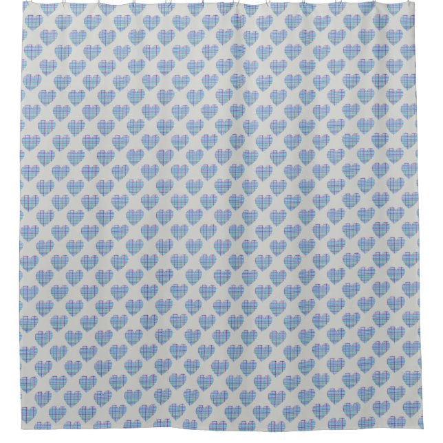 Blue striped hearts on pebble grey shower curtain (Front)