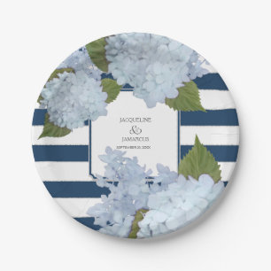 Blue Striped Hydrangea Floral Wreath Hand Painted Paper Plate