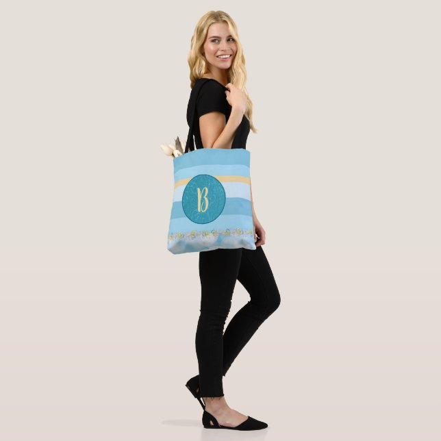 Blue Striped Initialled  Tote Bag (On Model)