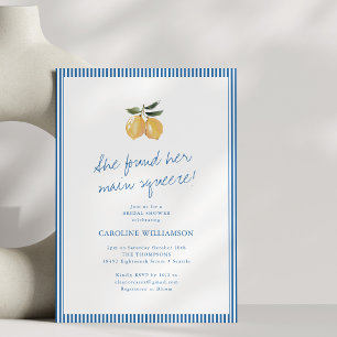 Blue Striped Lemon Squeeze Script Bridal Shower Invitation