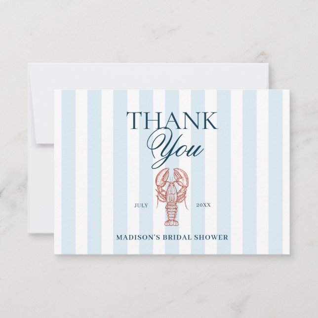 Blue Striped Lobster Theme Bridal Shower Thank You Card (Front)