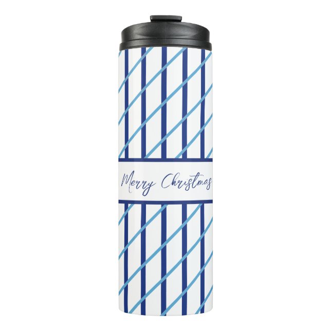 Blue Striped Merry Christmas Thermal Tumbler (Front)