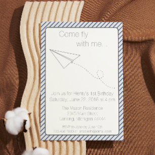 Blue Striped Paper Aeroplane Birthday Invite