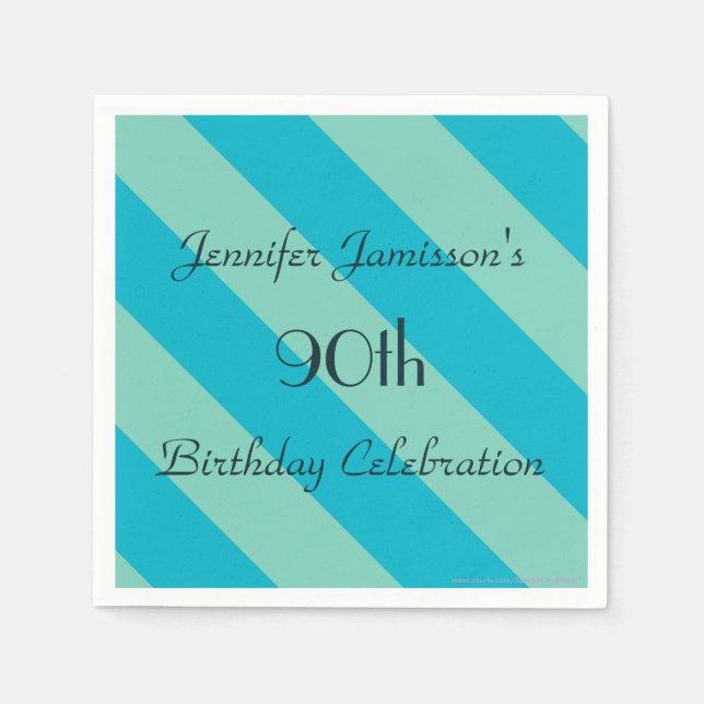 Blue Striped Paper Napkins, 90th Birthday Party Napkin (Front)