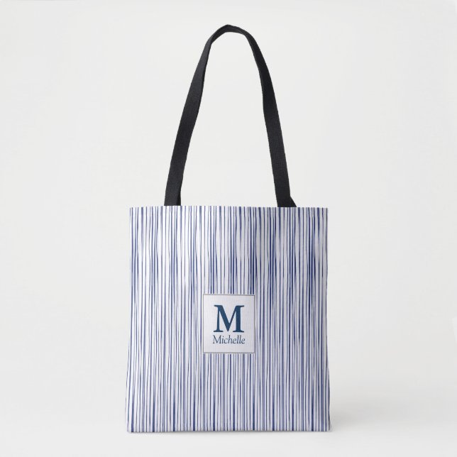 Blue Striped Pattern Monogram Tote Bag (Front)