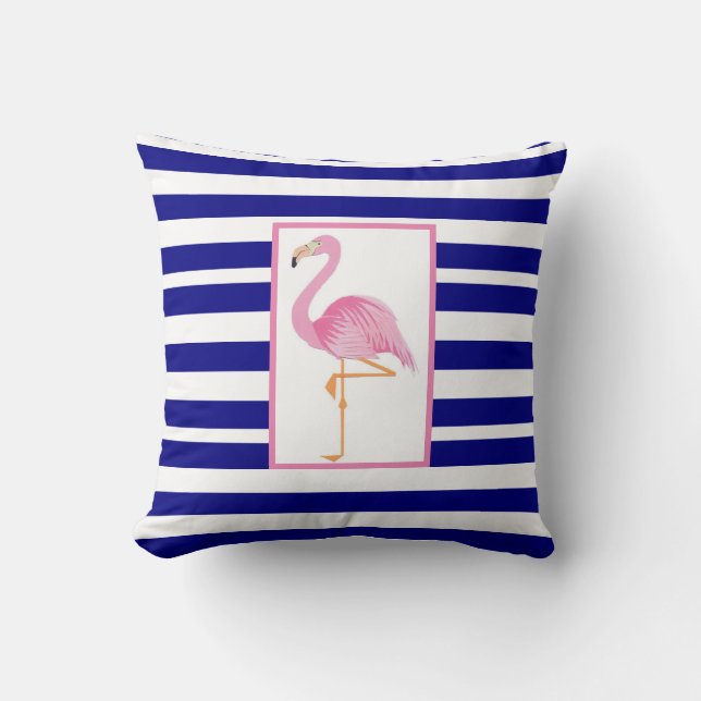 Blue striped pink flamingo throw pillow (Front)