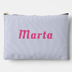 Blue striped, pink letters accessory pouch. pouch