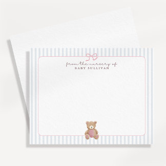 Blue Striped Pink Teddy Bear Nursery Note Card