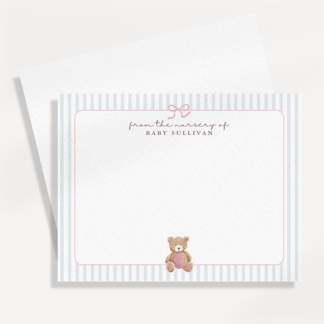 Blue Striped Pink Teddy Bear Nursery Note Card (Creator Uploaded)