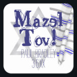 Blue Striped Prayer Shawl Mazel Tov Bar Mitzvah Square Sticker<br><div class="desc">Decorate your envelopes and party favours with a beautiful blue and grey striped tallit and shiny foil Star of David Mazel Tov stickers!. These mailing labels or treat bag stickers are a great addition to the Vivid Blue and Green Bar Mitzvah invitation Suite. Matching return address labels with traditional, yet...</div>