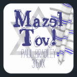 Blue Striped Prayer Shawl Mazel Tov Bar Mitzvah Square Sticker<br><div class="desc">Decorate your envelopes and party favours with a beautiful blue and grey striped tallit and shiny foil Star of David Mazel Tov stickers!. These mailing labels or treat bag stickers are a great addition to the Vivid Blue and Green Bar Mitzvah invitation Suite. Matching return address labels with traditional, yet...</div>