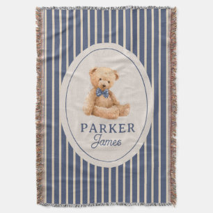 Blue Striped Teddy Bear Bow Tie Classic Nursery Throw Blanket