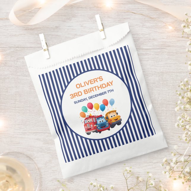 Blue Striped Truck Birthday Theme Favour Bags (Clipped)