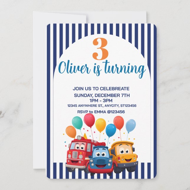 Blue Striped Truck Birthday Theme Invitation (Front)