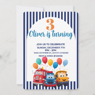 Blue Striped Truck Birthday Theme Invitation