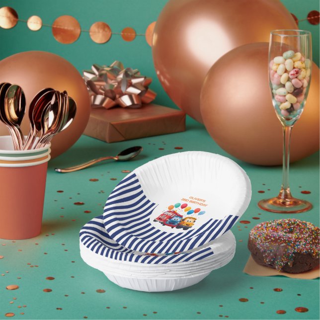 Blue Striped Truck Birthday Theme Paper Bowl Paper Plate (Multi)